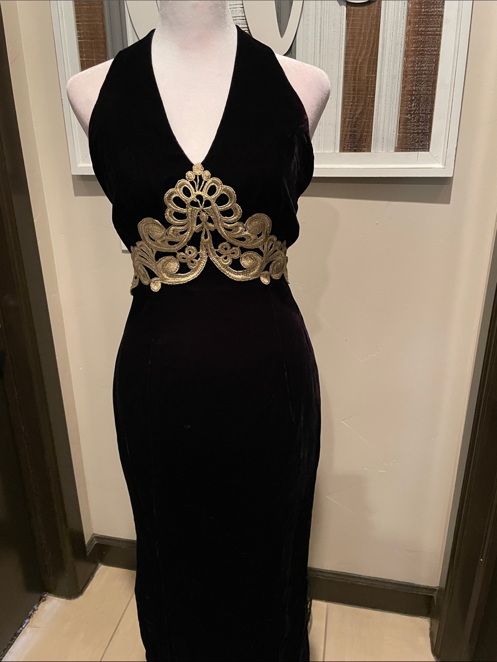 Jessica McClintock Black Velvet Halter Gown with Gold Embellishment